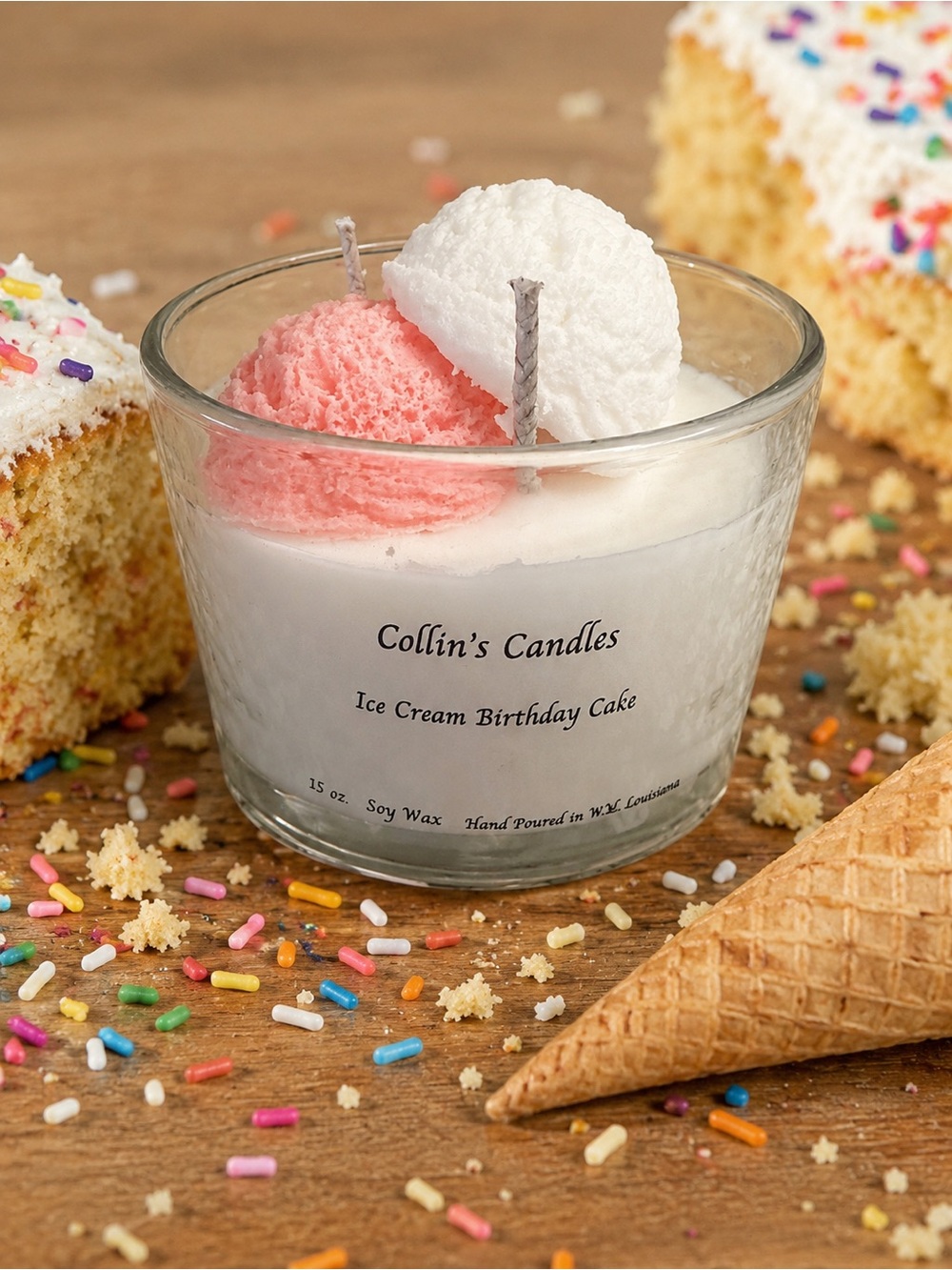 Ice Cream Birthday Cake Scented Candle - White with Pink Scoops. Made to order.